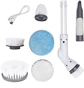 Electric Spin Scrubber Cleaning Brush for Bathroom Floor Power Scrubber with 5 Brush Heads Scrub Bru Cordless Tub and Tile Scrubber with Adjustable Extension Handle Power Shower Cleaning (White)