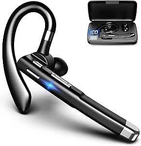 Bluetooth Headset, Bluetooth Earpiece for Cell Phone with Noise Canceling Mic, LED Battery Display Charging Case, Wireless Headset for Driving/Office/Business, Compatible with iPhone and Android