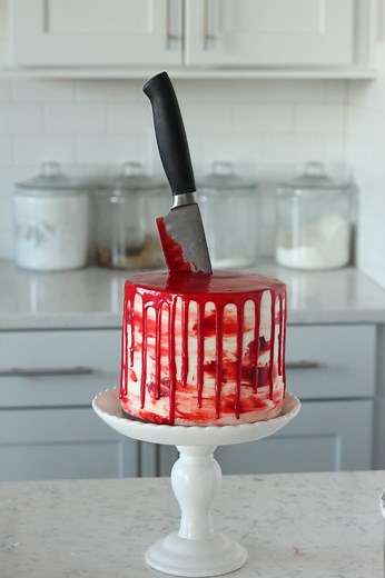 Halloween Bloody Knife Cake (Red Velvet Cake with Almond Cream Cheese Buttercream) - Baking with Blondie
