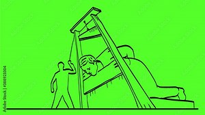 2d Animation motion graphics drawing of a man or convict in guillotine execution by beheading or decapitation on white, black and green screen in HD high definition.
