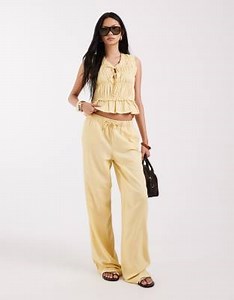 ONLY Tall linen blend tie front ruched top & linen blend pull-on pants set in pale yellow | ASOS