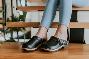 Swedish Wooden Clogs: Black Leather Buckle, Alder Wood Sole - Etsy