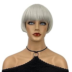 Wiginway Short Mushroom Wigs with Bangs,Straight Gray White Bob Wigs for women,Flapper wig,6 Inch