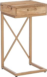 Powell Justine Metal Frame C Table Wood Top and Storage Drawer, Gold and Natural