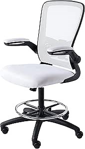 Serena Ergonomic Mesh Drafting Chair - Adjustable, Breathable Mesh, Lumbar Support, Ergonomic and Height Adjustable Flip-Top Office Chair with Foot Ring and Productivity - White