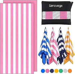 Genovega Microfiber Beach Towel Lightweight Thin Oversized Sandproof Compact Quick Dry Clearance Towels Extra Large Sand Free Pool Travel Beach Essentials Accessories Women Men Adult Gift Pink Stripe