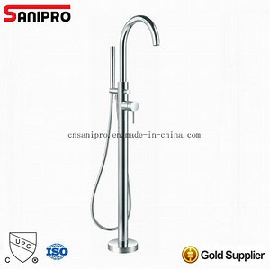 [Hot Item] Sanipro Brass Chrome Plated Freestanding Floor Mounted Tub Tap Bath Shower Mixer Faucet