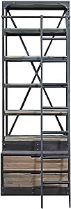 Benjara 97 Inch 2 Drawer Bookcase with Ladder, 5 Shelves, Distressed Iron, Black and Brown