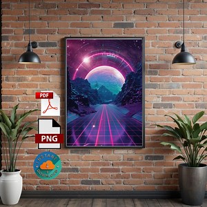 Galactic Retro Wave Art Print | Neon Space Grid Landscape | Retro Futurism Sci-Fi Wall Art | Synthwave Digital Download