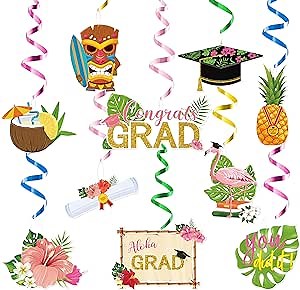 MALLMALL6 30Pcs Hawaii Graduation Party Swirl Decorations Hanging Grad Swirl with Palm Leaves Pineapples Caps Flamingos, Ceiling Foil Streamers for Graduates Party Decor Supplies Accessories