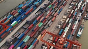 Containers and seaport, trade and logistics.