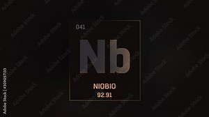 Niobium as Element 41 of the Periodic Table. Seamlessly looping 3D animation on grey illuminated atom design background with orbiting electrons. Name, atomic weight, element number in Spanish language