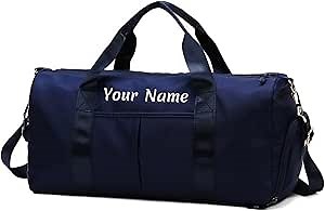 Personalized Name Embroidered Gym Bag, Custom Duffel Bag, Custom Embroidered Monogram Sports Bag With Wet And Dry Pockets And Shoe Compartment, Weekend Travel Bag, Overnight Bag (Navy Blue)