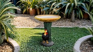 SKYFIRE 23" H Outdoor Concrete Bird Bath - Sunflower Birdbath Bowl with Leaf Pedestal for Garden, Patio, Lawn, Yard, Outdoor Decor -20”Dia. X 23”H Rooster and Chicken Bird Bath Outdoor Garden Statue