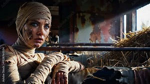 A woman wrapped in bandages gazes thoughtfully out of a dilapidated train, with sunlight filtering through, evoking a sense of mystery and survival - sexiest mummy