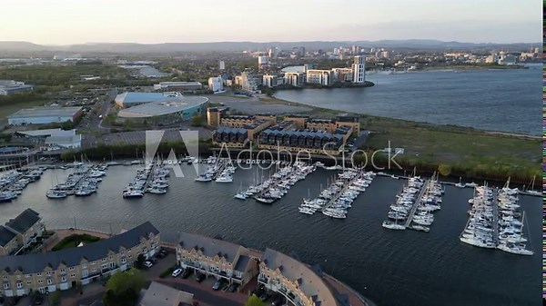 4K Aerial Shot of Penarth Marina, River Ely, and Cardiff City Centre – Wide Angle View