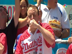 Reigning hot dog-eating champion Joey Chestnut sets a record in a win at the Nathan's Famous July Fourth hot dog eating competition. | NBC DFW