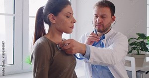 Doctor stethoscope listening to breathing, heart, lungs, female health care, clinic checking up exam, patient healthcare hospital professional controlling physical well-being, helping adult