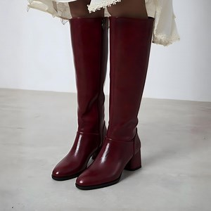 Burgundy Leather Block Heeled Knee Boots | Round Toe Zipper Tall Boots - Etsy