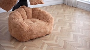 Giant Bean Bag Chair with Ottoman, Oversized Boneless Couch Bean Bag Chairs for Adults, Modern Comfy Faux Fur Shell-Shaped Large Floor Chair for Gaming Reading Bedroom, Beige