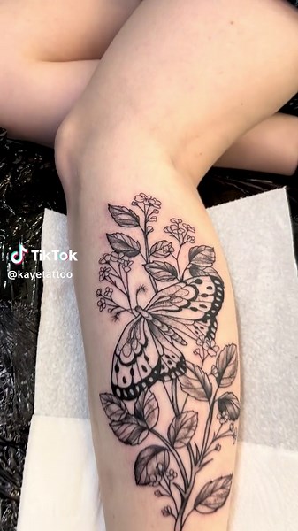Calf Tattoo Inspiration with Butterflies and Flowers