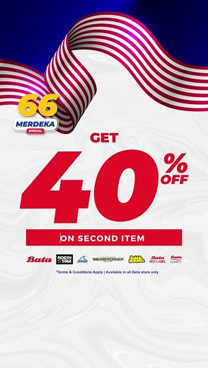 2K views | MERDEKA PROMO​ Embrace freedom and style this Hari Kebangsaan with BATA Merdeka promo - the perfect way to celebrate!✨ ​ Enjoy 40% OFF on your second item from your favourite brands️​ Visit Bata Plaza Merdeka now!​ *Terms & Conditions apply​ *Promo available at Bata Retail stores only​ *Promo duration: 25th August 2023 to 3rd September 2023 #BataShoes #BataMalaysia #MerdekaPromo #BATAplazamerdeka | Plaza Merdeka | Facebook