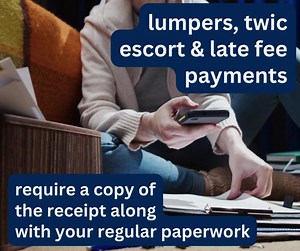 Important Reminder! Drivers and Owner Ops, all lumpers, TWIC escort and late fee payments require a copy of the receipt to be submitted with your regular load paperwork. Please ensure you get a receipt for all services paid for at delivery. If you have any questions, please reach out to your Fleet Manager. Thank you and drive safe! | Paschall Truck Lines