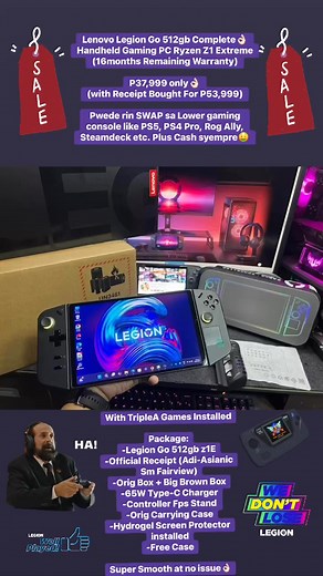 Lenovo Legion Go 512gb Complete👌🏻 Handheld Gaming PC Ryzen Z1 Extreme (16months Remaining Warranty) (with Receipt Bought For P53,999) Pwede rin SWAP sa Lower gaming console like PS5, PS4 Pro, Rog Ally, Steamdeck etc. Plus Cash syempre🤑 With TripleA Games Installed (Pwede ko palitan games, Pwede mamili sa list ko👌🏻) Package: -Legion Go 512gb z1E -Official Receipt (Adi-Asianic Sm Fairview) -Orig Box Big Brown Box -65W Type-C Charger -Controller Fps Stand -Orig Carrying Case -Hydrogel Screen P