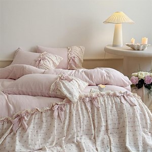 Shabby Chic Ruffle Cotton Bedding Set A233 Soft Pink Cottagecore Duvet Cover With Lace Bows - Etsy