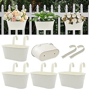 Metal Railing Planters for Outdoor Plants - 5 Pcs Balcony Hanging Flower Pots with Detachable Hooks & Drain Holes, Windowsill Oval Hanging Bucket Pots Fence Planters for Garden Home Decor, Cream White
