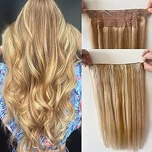 Invisible Wire Hair Extensions,Halos Human Hair Extensions, Balayage Ombre Golden Brown to Light Brown and Platinum Blonde Highlight 16Inch 80Grams