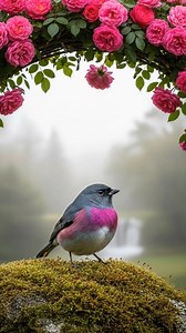 7.4K views · 925 reactions | A charcoal-gray songbird with a stunning magenta breast rests on a mossy rock under cascading pink roses. #birdwatching #wilflife #nature #birdslover #birds | The Truth Around Us | Facebook