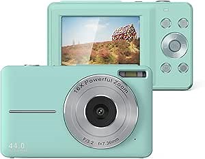 Generic Pocket Digital Camera 1080P, Digital Point and Shoot Camera with 16X Zoom Anti Shake, Compact Small Travel Camera for Boys Girls Teens Gift Vlogging, 44MP (Green), US Plug