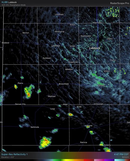 Aug 23, 5:51 PM: Scattered showers thunderstorms near a line from Plains to Lamesa will continue to more northwestward this evening. Only very light rainfall amounts are expected, but a few wind gusts to 40 mph and occasional cloud-to-ground lightning are possible. #txwx | US National Weather Service Lubbock Texas