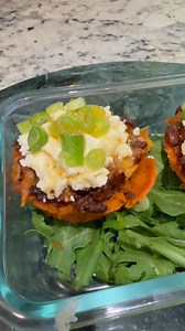 The finished results of my creative recipe. Topped the cooked melted cheese cupcakes with Boursin spreadable gourmet cheese, a dollop of sour cream, and chopped green onions. Then I drizzled hot honey over the top. Delicious & Nutritious!! I actually liked em with more Hot Honey. Compliments the sweet potato bottom. | Kathy Hughes