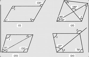 Find the values of the unknown angles (x, y, and z) in each of ... | Filo