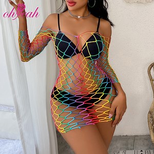 [Hot Item] New Style Rainbow Colorful Long Sleeve Plus Size Fishnet Bodystocking Lingerie for Women