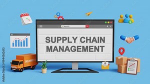 SCM Concept. Supply Chain Management. Inventory Control, Distribution Network, Procurement, Supply, Demand, Logistic and Transport Planning. Computer with Supply Chain Management System. 4K 3D Video