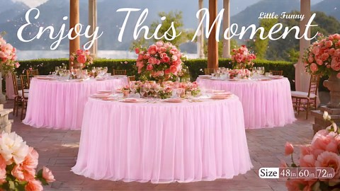 Pink Tulle Round Table Skirt - 48 inch Fitted Tablecloth with Elastic, Ruffle for Wedding Banquet, Baby Shower, Bridal Shower, Birthday Party