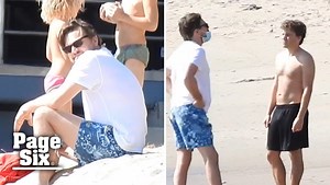 Leonardo DiCaprio and Camila Morrone hang with friends and Leo's pal Emile Hirsch at Malibu Beach