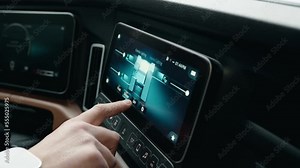 Truck driver playng on a dashboard screen of a 2023 freightliner cascadia Volvo. Checking menu, radio, volume. Has a watch on right hand
