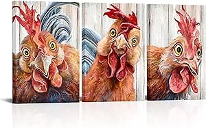 SiMiWOW Rooster Animal Paintings Funny Chicken Canvas Print Artwork Rustic Country Wall Art for Dining Room Wall Decor (16x24inchx3 Panels)