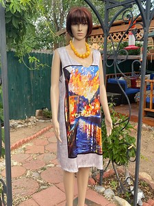 Very Light Summer Dress, Sleeveless, Grey Background, Colorful Painting Front and Back. LG - Etsy