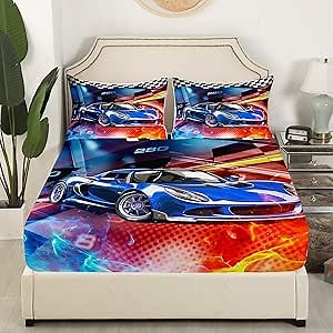 Cool Sports Car Bedding Set Twin Size Racing Car Bed Set for Girls Teens Bedroom Decor Kids Blue Red Flame Fitted Sheet Soft Microfiber Extreme Sports Bed Cover(1 Fitted Sheet+1 Pillow Case)