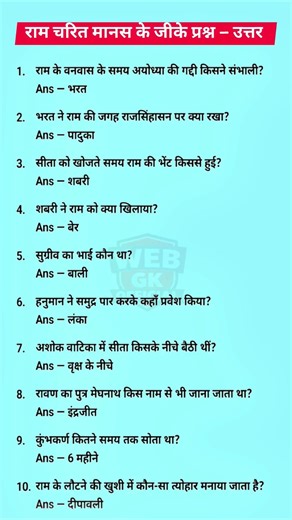 श्री रामचरित मानस से संबंधित महत्वपूर्ण जीके प्रश्न | ramayan se sambandhit prashn | gk quiz #shorts