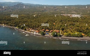 Aerial view of beautiful beach, hotel, Bali, Indonesia. Beach with black volcanic sand.Seascape ocean, sky, sea. 4K video Travel concept Stock Photo - Alamy