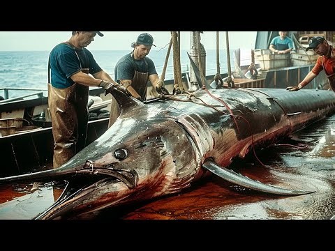 Fishing for giant swordfish, chefs cut swordfish into the most delicious sashimi