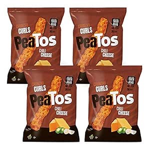 Peatos Crunchy Curls Snacks, Chili Cheese, 3 Ounce (4 Count), Junk Food Taste, Made from Peas, Hearty Chili Taste, Made With Real Cheese, 4g Protein and 3g Fiber, Pea Plant Protein Snack