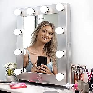 Amazon.com: Rebel Poppy Large Vanity Mirrors with LED Lights, Phone Mount, Dim Lighting Touch Control, 21.5” x 19”, Fogless - Hollywood Mirror and Magnifying Set - Glam Silver : Everything Else