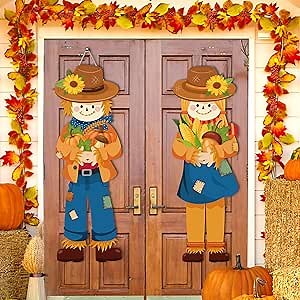 2PCS Thanksgiving Fall Scarecrow Decor Front Door Decorations Fall Hanging Scarecrows for Outdoor Front Porch 30 X 11 Inches, Wooden Door Sign Welcome Scarecrows for Outside Fall Party Home Wall Decor